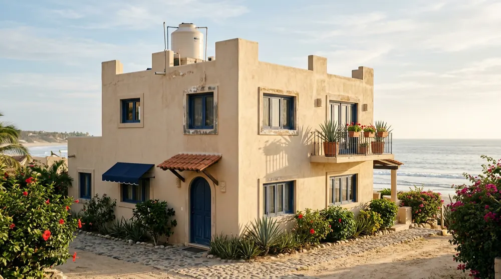 A two-story stucco beach house with a rooftop water tank by the ocean
