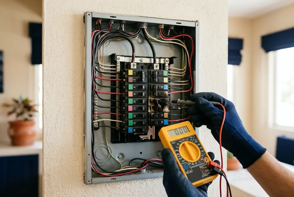 Gloved hands testing a scorched breaker in an open electrical panel with a multimeter