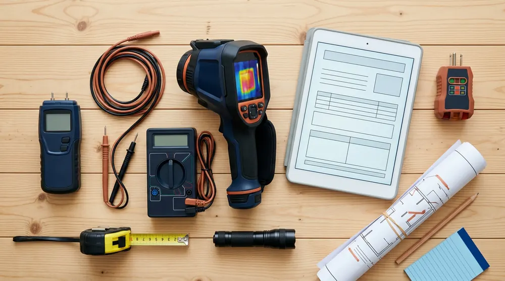 Inspection tools laid out on a table: thermal camera, moisture meter, multimeter, outlet tester, flashlight, tape measure and tablet
